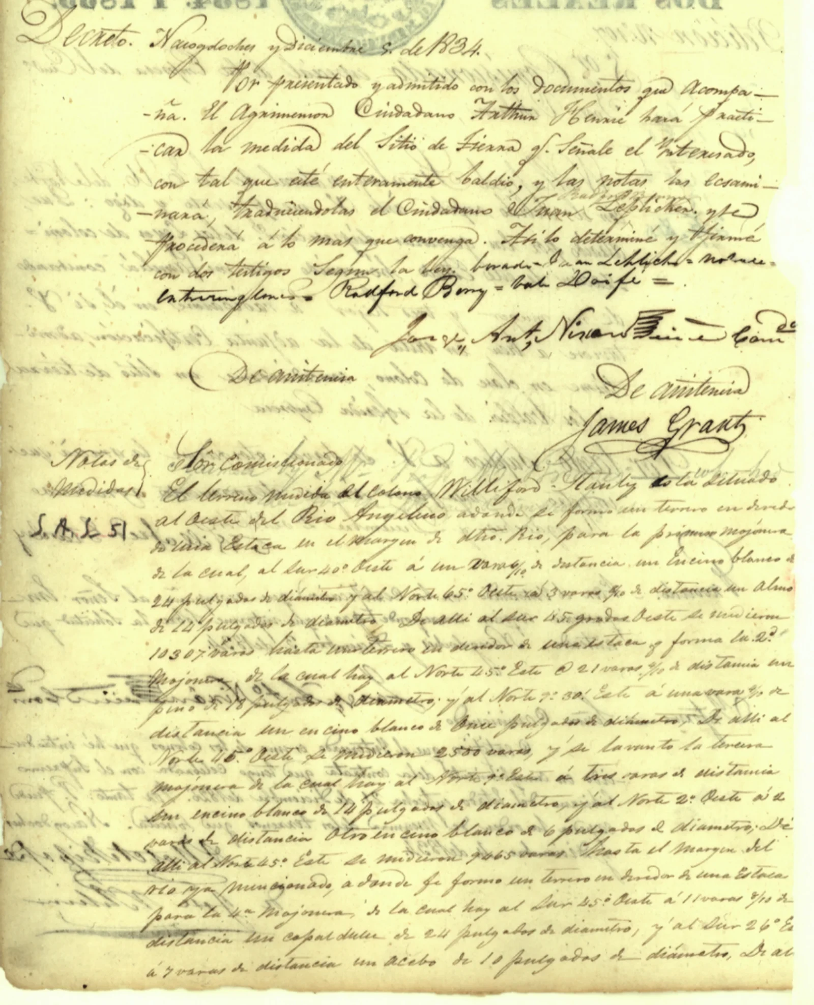 Stanley, Willafred Original Cursive Land Grant & Field Notes (Angelina County, Abstract A-48)